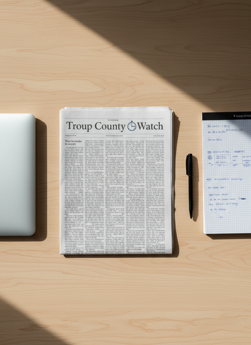 A crisp, modern flat-lay of a neatly folded local newspaper titled “Troup County Times and Watch,” its masthead sharply legible across the top edge. The paper rests on a clean, lightly grained wooden desk alongside a closed silver laptop, a spiral notebook filled with tidy handwritten notes, and a slim black pen aligned precisely. Soft, diffused morning light from an unseen window washes across the scene, creating gentle, realistic shadows and subtle highlights on the paper’s texture. Shot in photographic realism from a perfectly overhead, bird’s-eye perspective, the composition follows a clean, professional aesthetic with ample negative space, evoking a trustworthy, county-wide news organization focused on clarity and accuracy.